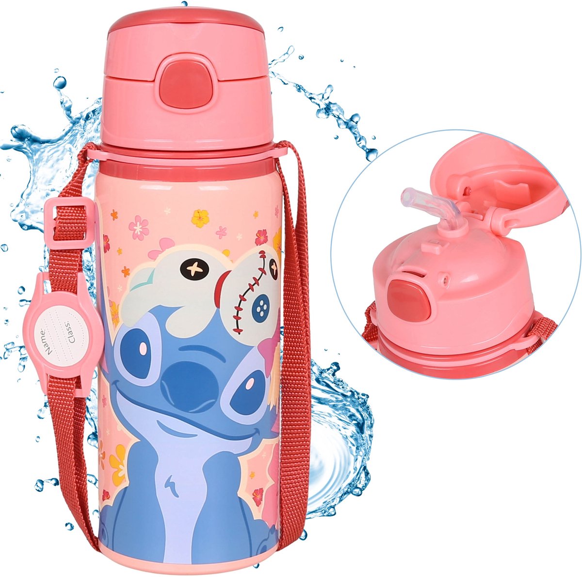 DISNEY Stitch Aluminium THERMISCHE FLES, mondstuk, WATERFLES met schouderband, voor meisjes 600ml