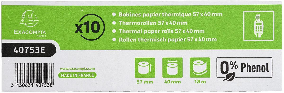 Exacompta 60x Rollen voor bank- en betaalkaartterminals 57x40x12x18 - 1 laags thermisch 55g/m2 zonder Phenol - Longlife papier - Wit - 40753E