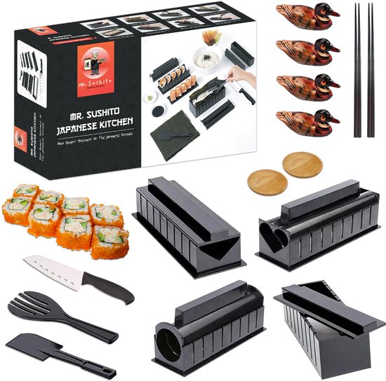 Mr. Sushito 21-delige Sushi Maker Set - 4 Vormen – 4 Eetstokjes - 2 Sojasaus Bakjes - Mes - Rijstlepel - Stokjes - Vormpjes – Sushi Mal