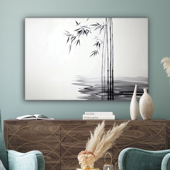 Tableau sur toile 120x80 cm - Décoration murale exclusive Tiges de bambou - Eau - Minimaliste - Wit - Décoration murale salon - Décoration chambre à coucher - Accessoires de chambre - Tableaux sur toile