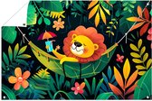 Relaxte leeuw in jungle hammock - Leeuw buitenposter - Tuinmuurdecoratie hammock - Digital Art - Buiten poster - Tuinschilderij - Tuinposter 90x60 cm