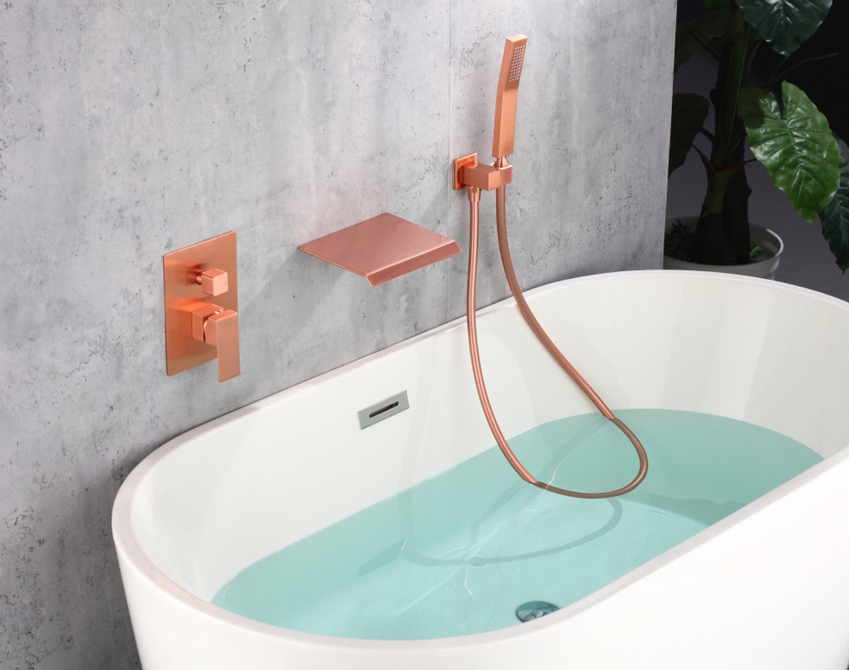 WEBO Deluxe inbouw badkraan met handdouche complete set - koper - watervalontwerp - twee-knop bediening complete set