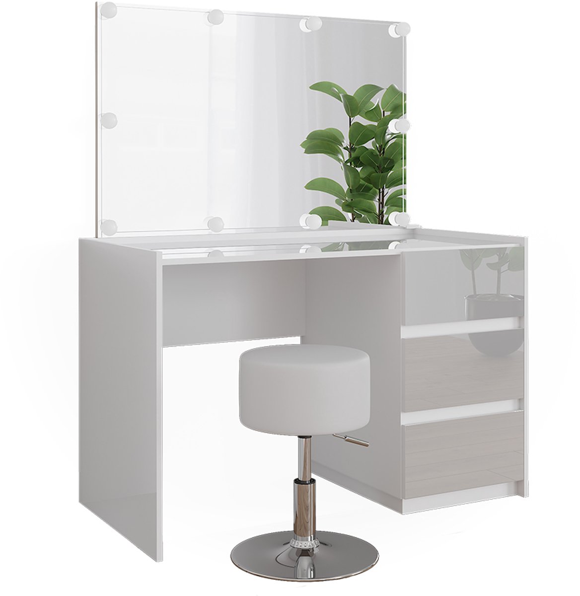 Vicco Kaptafel Marla, Wit Hoogglans, 120 cm met spiegel, LED-lichtslinger en kruk
