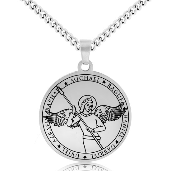 Collier Ange Gardien Michael Argenté - Talisman / Médaillon Archange - Pendentif Ange - 60 cm