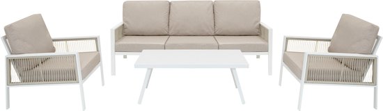 Set de jardin 4 pièces en aluminium Wit avec Opbergbox en rotin, canapé d'extérieur Zwart 3 places, 2 Fauteuils , table basse, Coussins 582 L, ressorts à gaz, mécanisme de levage, housse de pluie imperméable et portable
