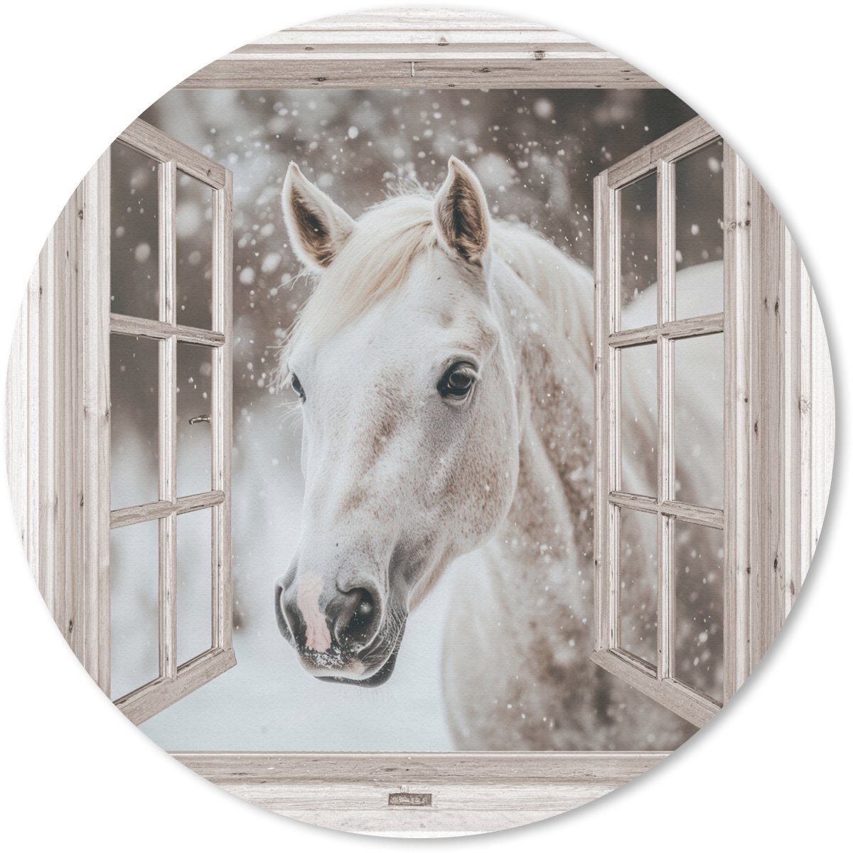 Muismat rond 30x30 cm - Mousepad Paard - Wit - Winter - Sneeuw - Doorkijk - Dieren - Ronde muismatten