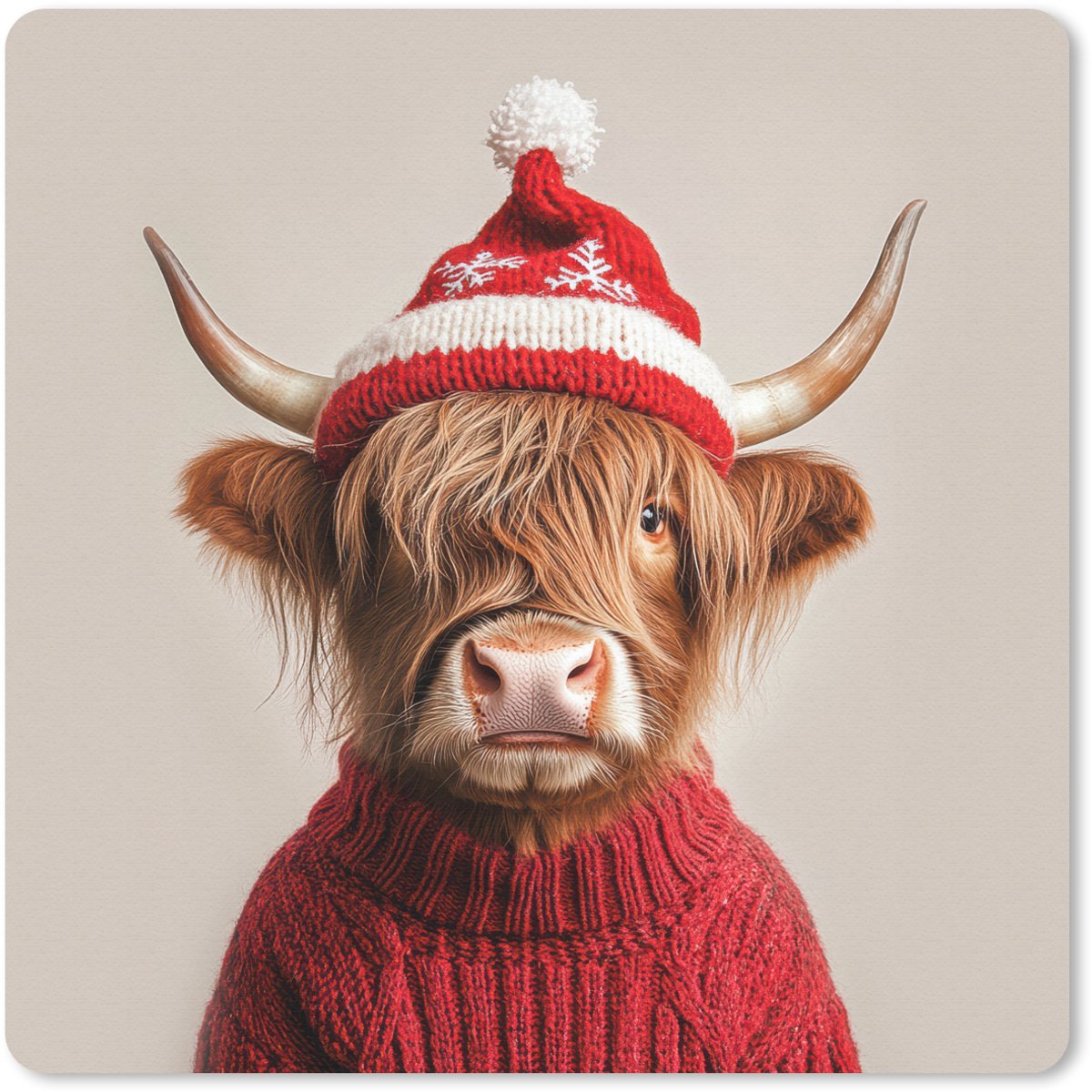 Muismat 30x30 cm - Mousepad Schotse Hooglander - Kerst - Muts - Trui - Winter - Muismatten