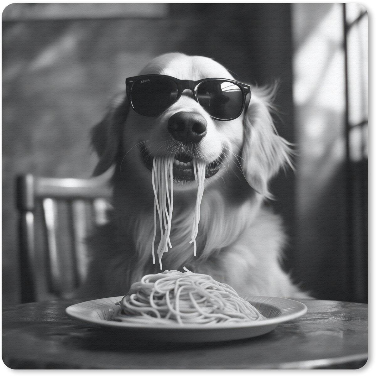 Muismat 30x30 cm - Mousepad Golden Retriever - Hond - Vrolijk - Bord spaghetti - Zwart - wit - Muismatten
