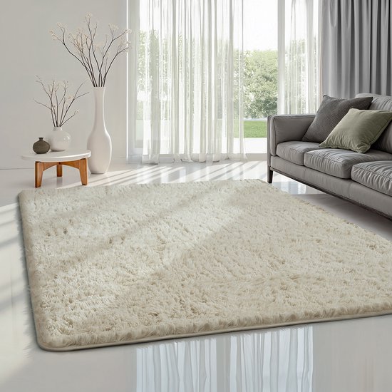 le tapis Soft Shaggy, tapis moelleux à poils longs, salon, chambre d'enfant, dessous antidérapant, doux et super doux, crème, 160 x 220 cm