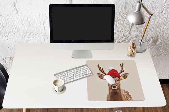 Tapis de souris XXL - Sous-main - Sous-main - Cerf - Noël - Chapeau - Animaux - Hiver - Drôle - 50x50 cm - Tapis de souris XXL