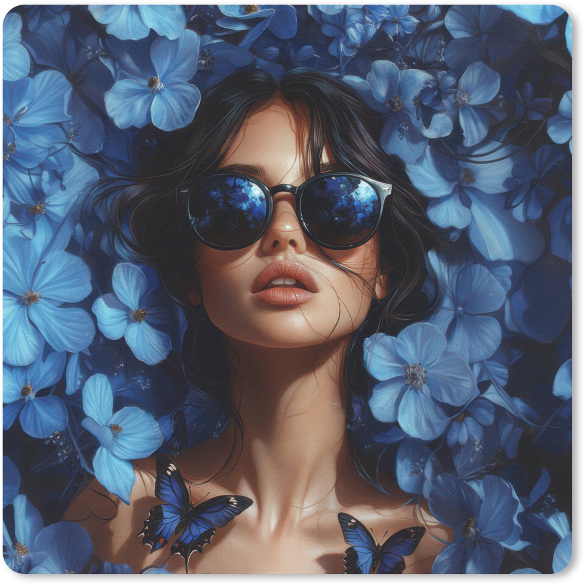 Muismat 20x20 cm - Mousepad Vrouw - Blauw - Bloemen - Vlinders - Natuur - Muismatten