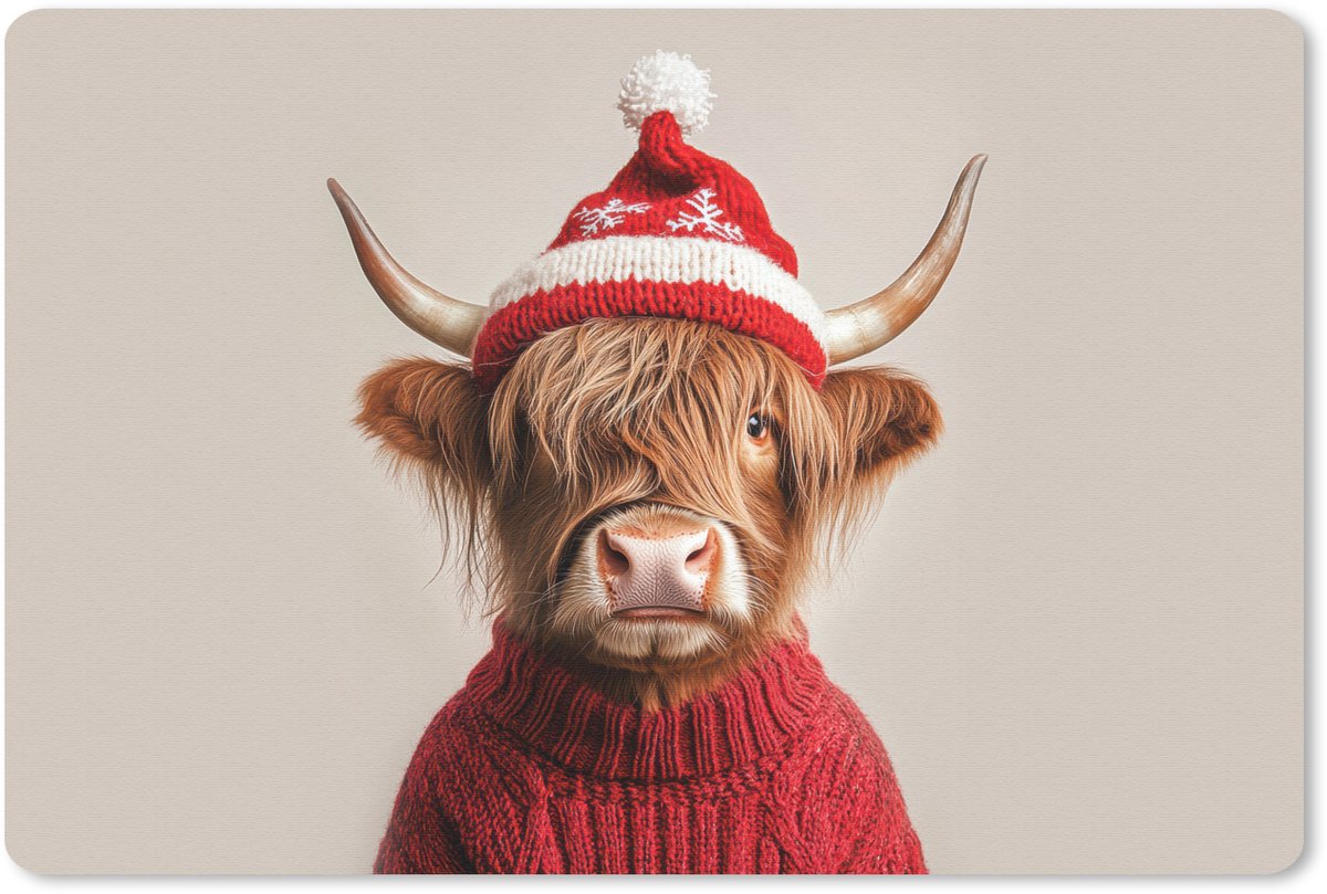 Muismat 27x18 cm - Mousepad Schotse Hooglander - Kerst - Muts - Trui - Winter - Muismatten