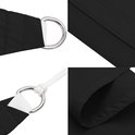 Gedetailleerde afbeelding van een zwart schaduwdoek met D-ringen, stiksels en koord.