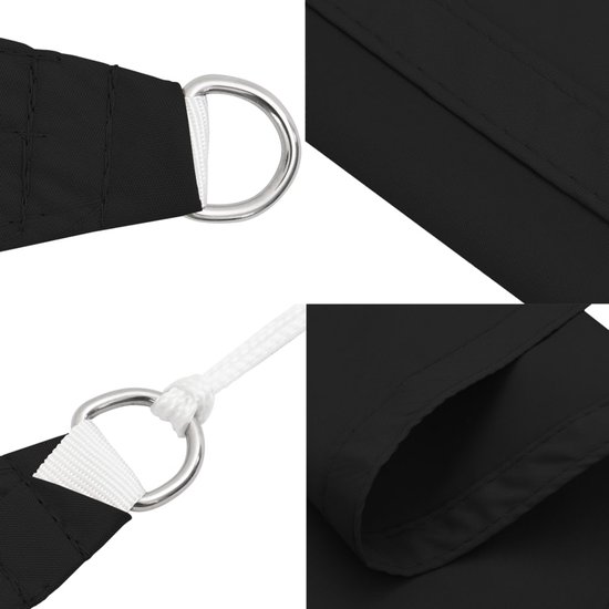 Gedetailleerde afbeelding van een zwart schaduwdoek met D-ringen, stiksels en koord.