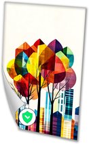Kleurrijke abstracte bomen en stad - Stadsgezicht poster - Posters bomen - Kubisme - Slaapkamer posters - Kunstwerk - Poster 80x120 cm