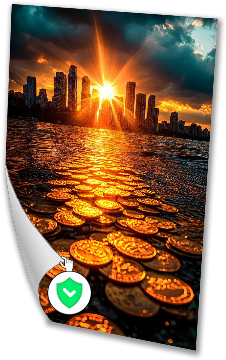 Zonsondergang boven stad en munten - Zonsondergang poster - Poster munten - Hyperrealisme