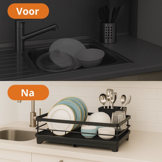Égouttoir à vaisselle LaCardia noir avec bac d'égouttage - Égouttoir à vaisselle avec porte-couverts pour lave-vaisselle - Avec système d'égouttage - Acier inoxydable