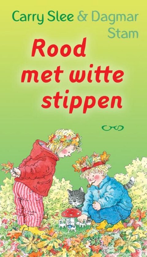 Kinderboek 'Rood met witte stippen' met twee kinderen in herfstkleding, een katje en bladeren.