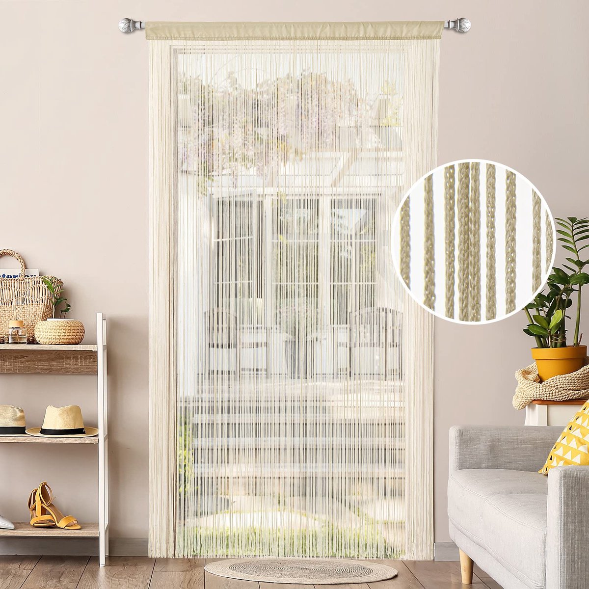 Ibenzoa® Elegant Draadgordijn voor Deur en Ruimteverdeling met Insectenbescherming, 90 x 200 cm, Beige