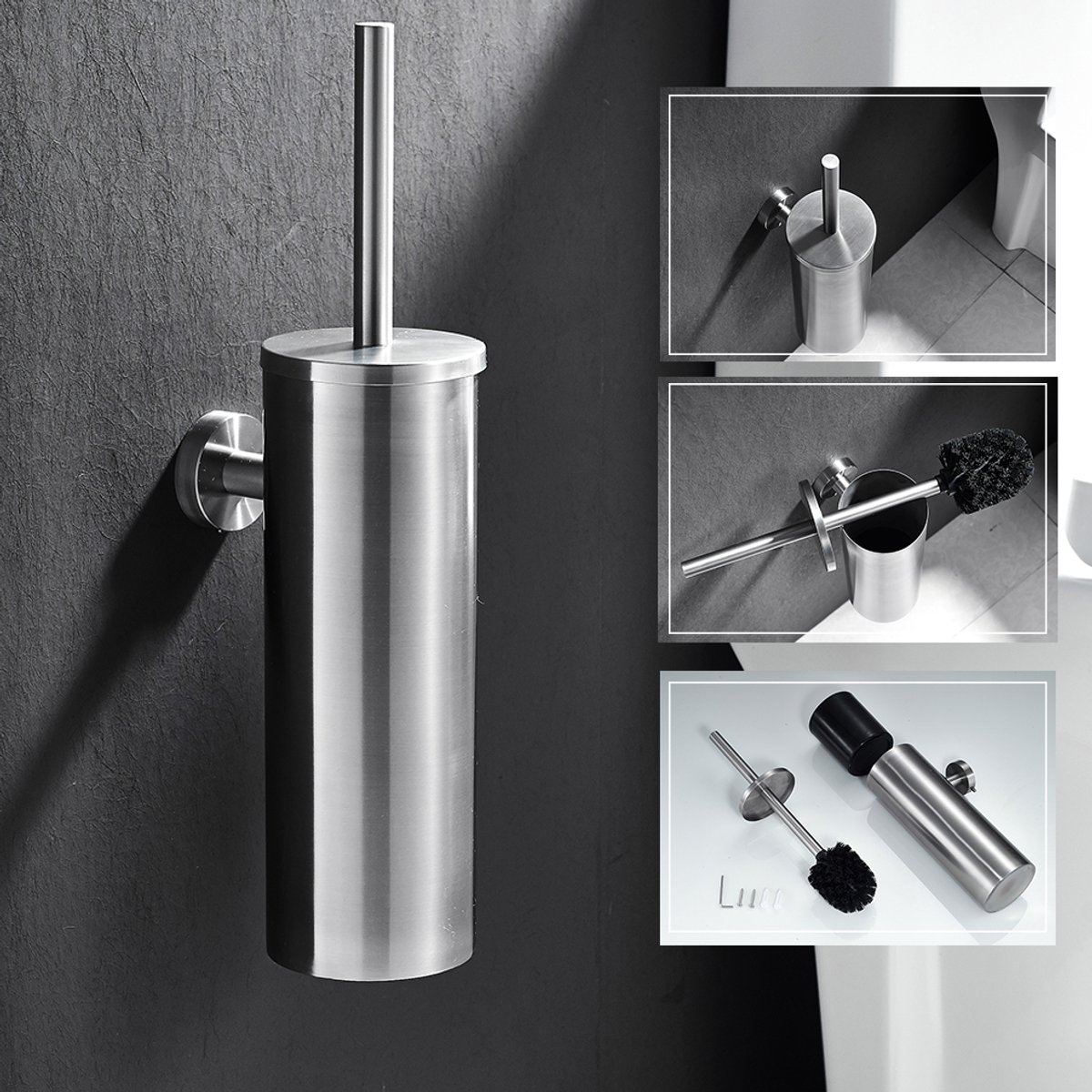 Auralum Max Toiletborstel Met Houder - Hangend - WC Borstel Met Houder - Metaal - Staand - Toiletborstelhouder - RVS geborsteld