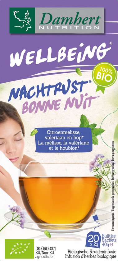 Damhert Wellbeing Nachtrust Bonne Nuit thee verpakking met slapende vrouw, kop thee, kruiden en bloemen. 100% BIO.