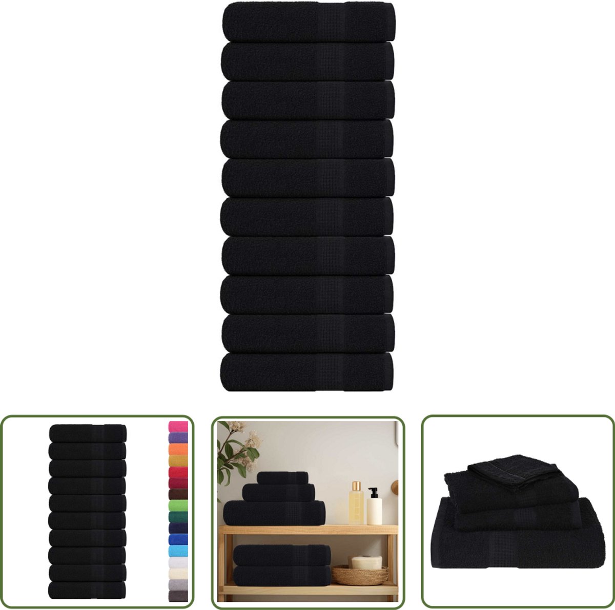 The Living Store Badhanddoeken 10 st 100x150 cm 360 g/m² 100% katoen zwart - Badhanddoeken - Handdoekenset - Katoenen Handdoeken - Zwarte Handdoeken - Badkamertrends