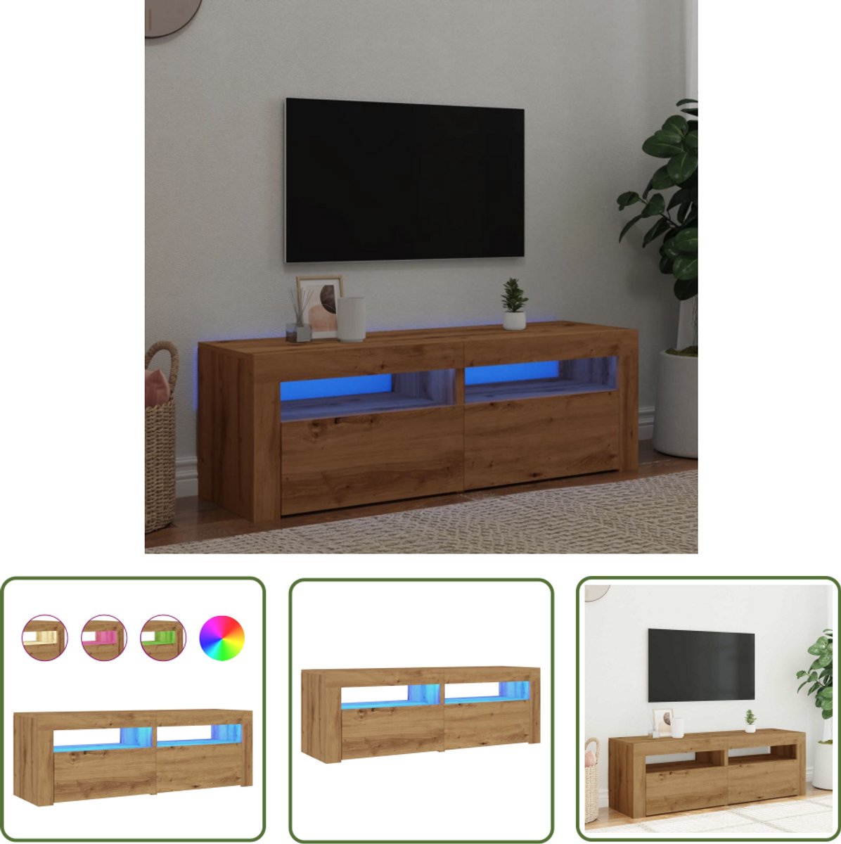 vidaXL Salontafel - Tv Meubel - Tv-meubel met LED 120x35x40 cm bewerkt hout artisanaal eiken - Led Licht - Houten Tv Kast - Kunststof Tv Meubel