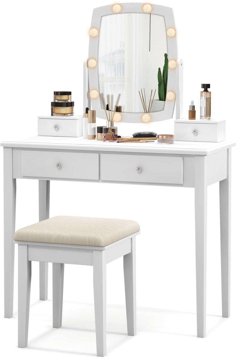 COSTWAY Make-up tafel met 360 graden draaibare verlichte spiegel, kaptafel en krukje met 4 opberglades, 10 dimbare LED lampen, kussen, kaptafel set voor kleedkamer, slaapkamer