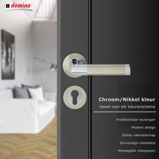 Poignée de porte Domino® JARO R ECO M6 M9 - Chrome/ Nickel - Cylindre profilé PZ avec rosace ronde - Ferrures de porte en aluminium - Poignée de porte pour porte de chambre, porte de bureau, porte de cave et porte intérieure