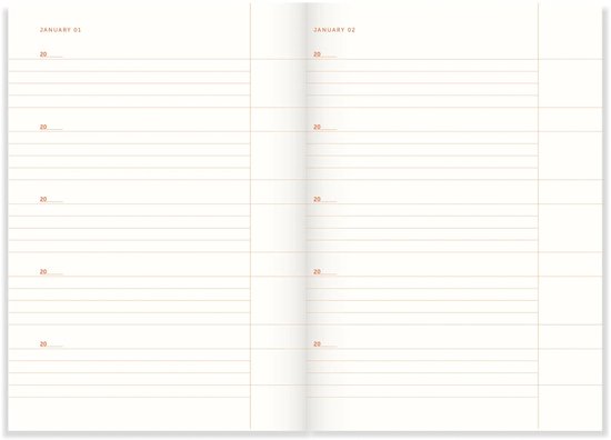 Open dagboek met lege lijnen voor 'JANUARY 01' en 'JANUARY 02'.