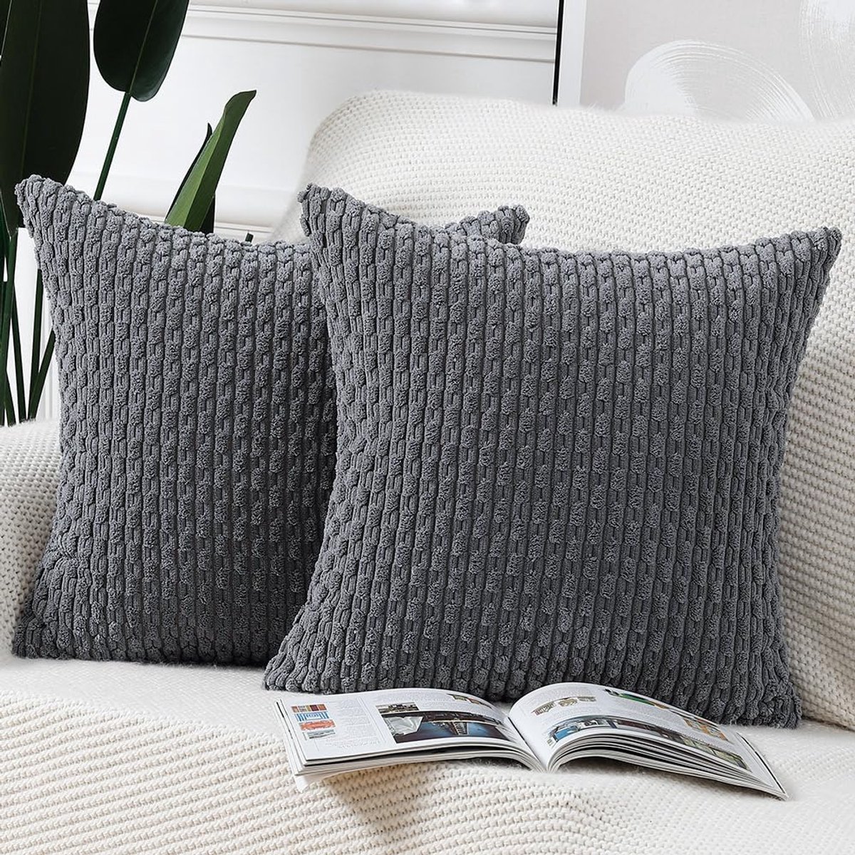Unyqoos Set van Twee Luxe Boho Gestreepte Kussenhoezen voor Slaapkamer en Bank, Grijs, 50 x 50 cm