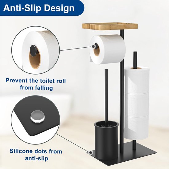 Wc-papier Doos Staande Wc-rolhouder Met Toiletborstel - Roestvrij Staal En Bamboe, Met Dienblad En Reserverolhouder - 4-in-1 Set Voor De Badkamer Compacte Badkamer Oplossing