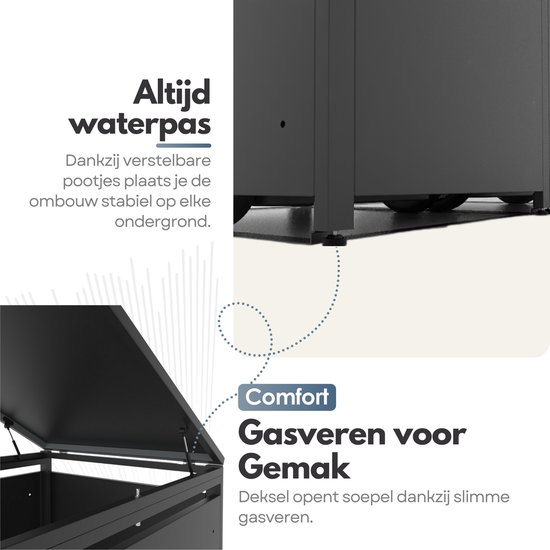 Zwarte containeropslagkast met open klapdeksel en verstelbare pootjes. Close-up van de verstelbare pootjes.