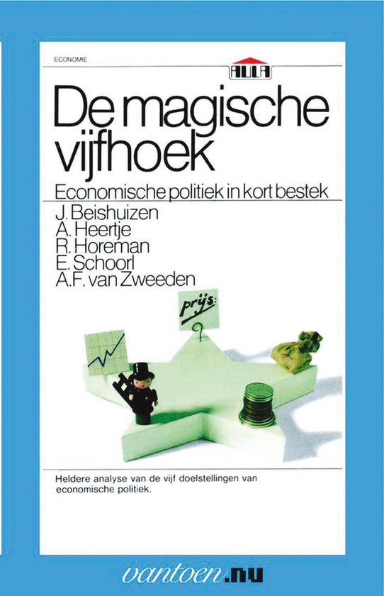 Boekomslag 'De magische vijfhoek' met economische symbolen, een das en een rentecijfer.