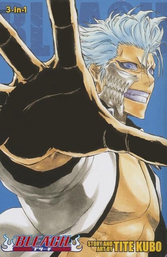 Bleach 3-in-1 Ed 8, avec un personnage d'anime aux cheveux bleus et à la mâchoire métallique.