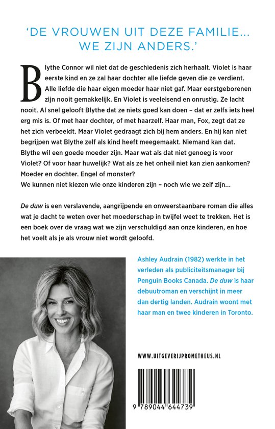 Boekcover met een foto van een lachende blonde vrouw, de titel 'De Duw' en een beschrijving.