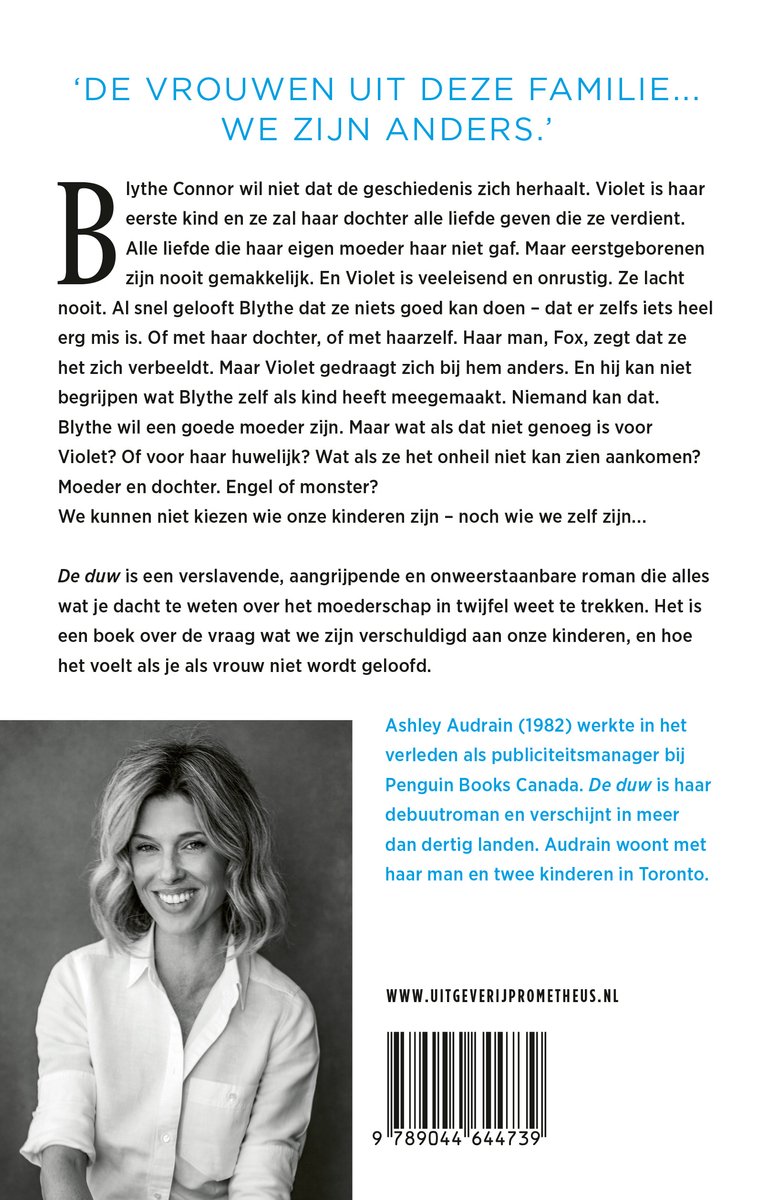 Boekcover met een foto van een lachende blonde vrouw, de titel 'De Duw' en een beschrijving.