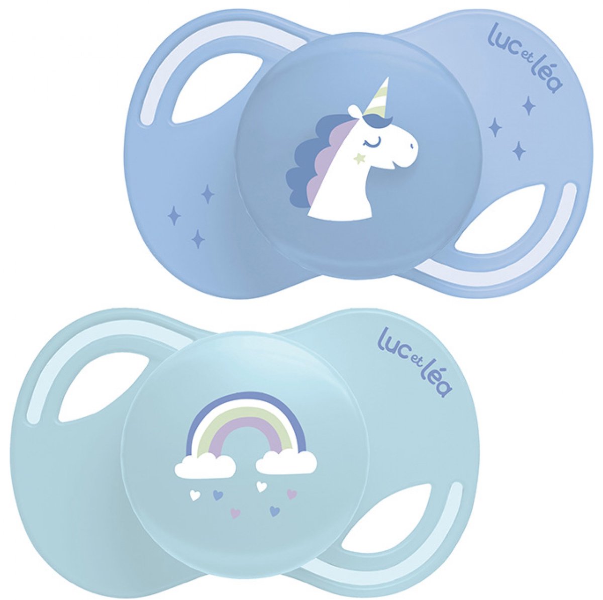 Luc et Léa Collectie 2 Anatomische Fopspenen Extra Fijne Tepel 18 Maanden en Ouder (Modellen : Eenhoorn & Regenboog)