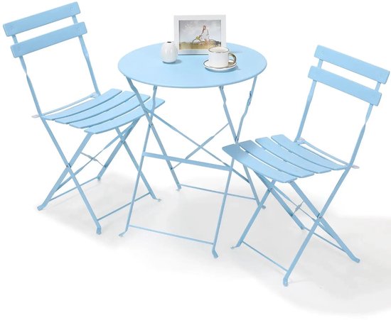 Opklapbare Meubels voor de Kleine Tuin of Balkon 8 Bistroset - Tuinset - 3-delige - Tuintafel met Stoelen - Balkonset 2 Personen - Opvouwbare - Stalen Tafel en Stoelen voor Balkon - Bistrotafel - Lichtblauw