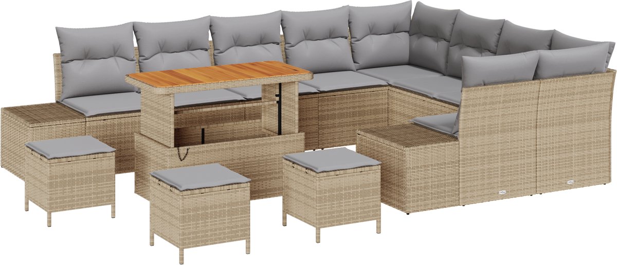 vidaXL - Tuinbank - Set - met - kussen - met - opslag - 13 - pcs - Beige - Poly - rattan