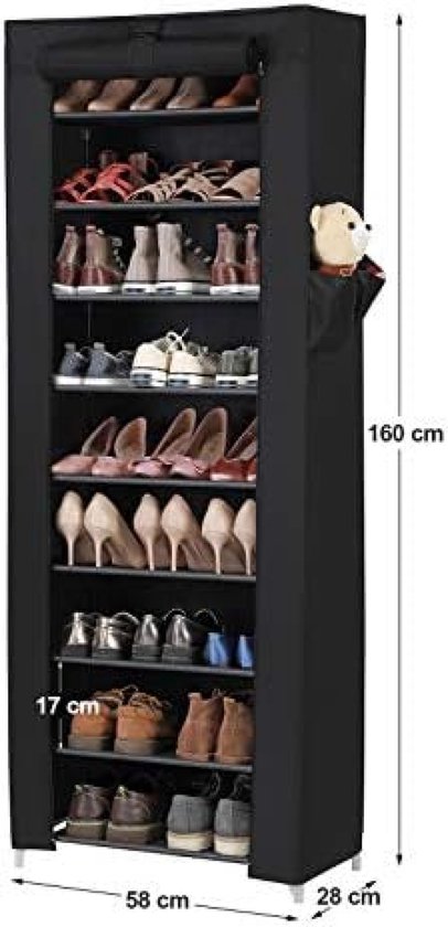 edihome, Stoffen schoenenrek, 9 niveaus, smal en hoog, (58 x 28 x 162 cm) met buitenhoes, met ritssluiting, voor schoenen, hoge hakken (zwart
