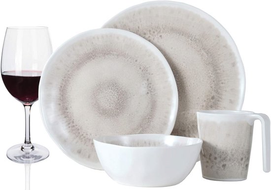 Melamine campingservies, set voor 4 personen, crema-design, 16-delig Milano glazen