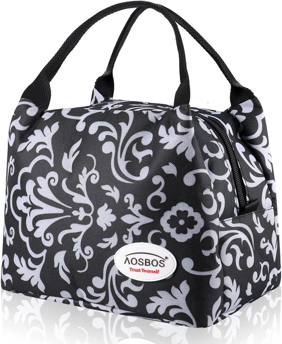 Kleine koeltas voor onderweg, lunchtas, opvouwbare lunchtas, koeltas, lunchtas, picknicktas, mini-koelbox, lunchtas, isolatietas, maalvoorbereiding, ritssluiting, 8,5 l, bloemen, zwart