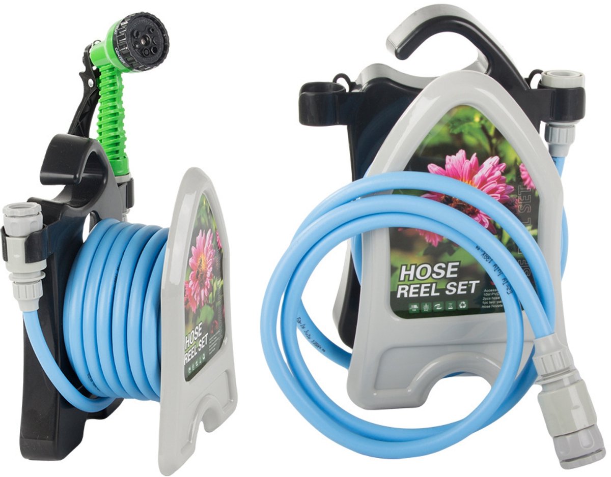 Tuinslang 10 Meter met Standaard – Inclusief 7-in-1 Spuitpistool – Compact, Lichtgewicht en Weerbestendig Hoge Druk tuinslanghaspel - tuinslang gardena - tuinslang koppelingen – Blauw - 65311 – foto 2