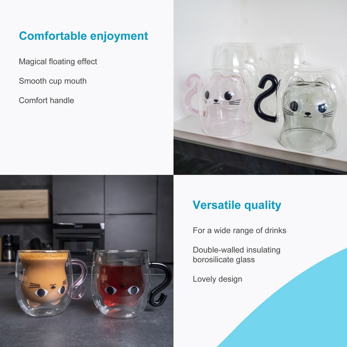 Intirilife 6x thermo glas dubbelwandig met kat design in zwart - 200ml inhoud - geïsoleerde glazen mok hittebestendig voor koude en warme dranken koffie kop thee kop drinkglas — cadeau in Koken & Dineren - foto 3