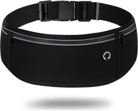 Mitavo Lopende Riem, Lopende Taille Zak met 2 Zakken en Reflecterende Strepen, voor Vrouwen Mannen Kinderen Sporten Lopen Joggen Fitness, Zwart