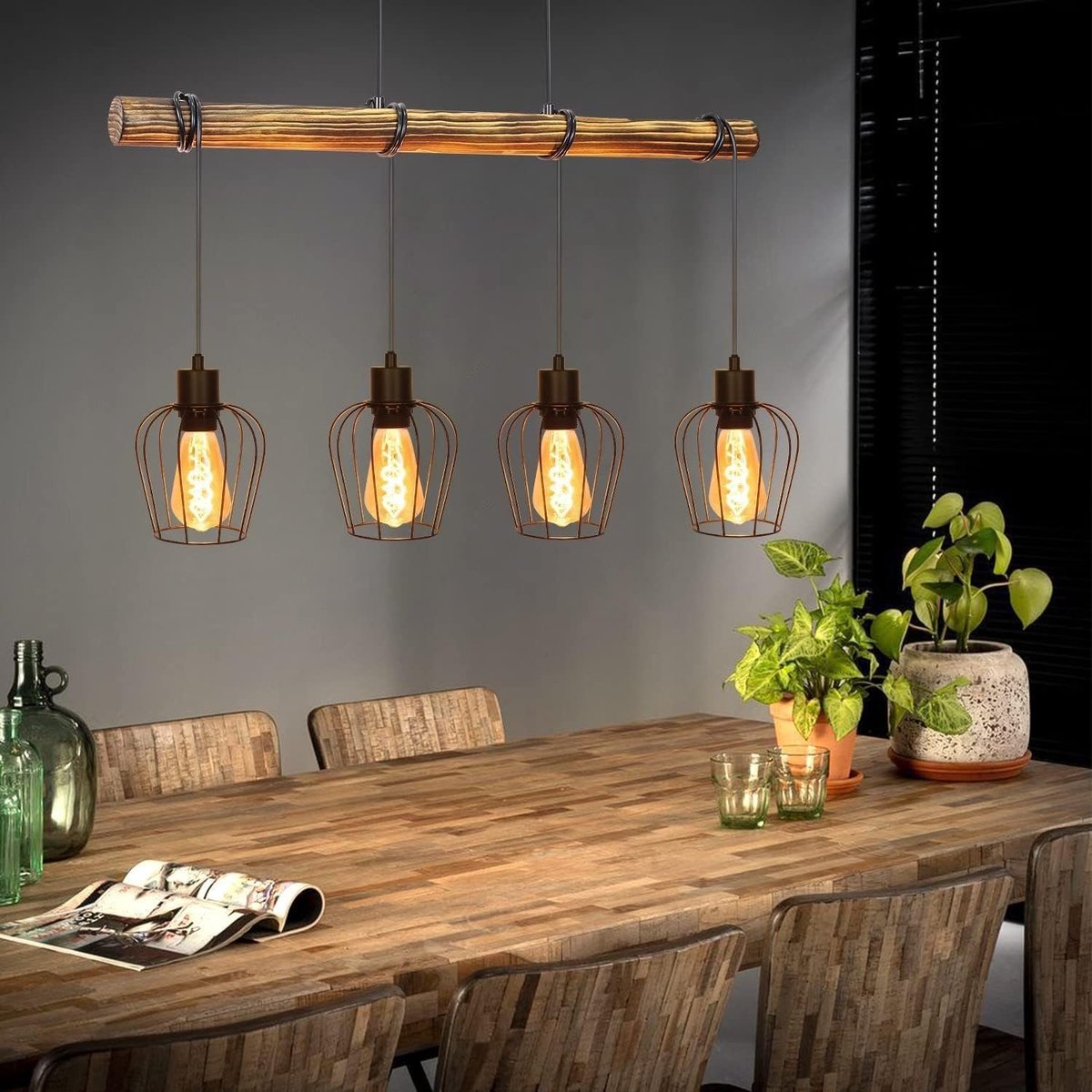 NETTLIFE Hanglamp - hout Design - 4-Lichts - vintage eetkamerlamp - E27 fitting - hanglamp in industrieel met in hoogte verstelbare - Zwart - zonder gloeilamp