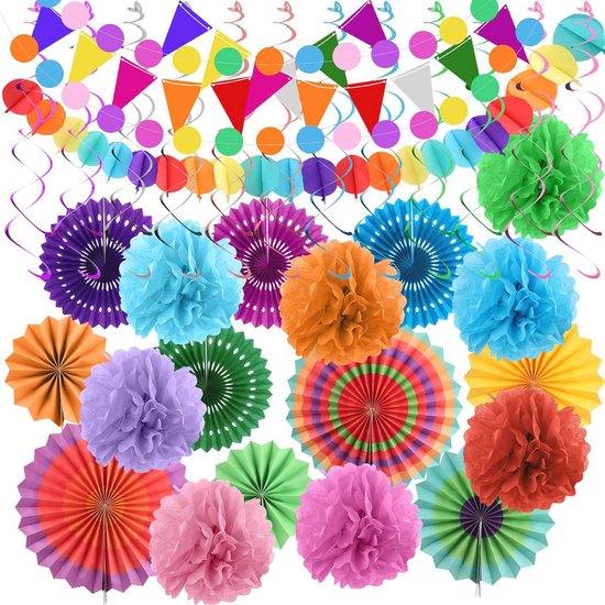 Lot De 33 Décorations Fête En Papier - Pompons, éventails, Guirlandes, Fanions - Multicolore, Pour Mariage, Anniversaire, Noël