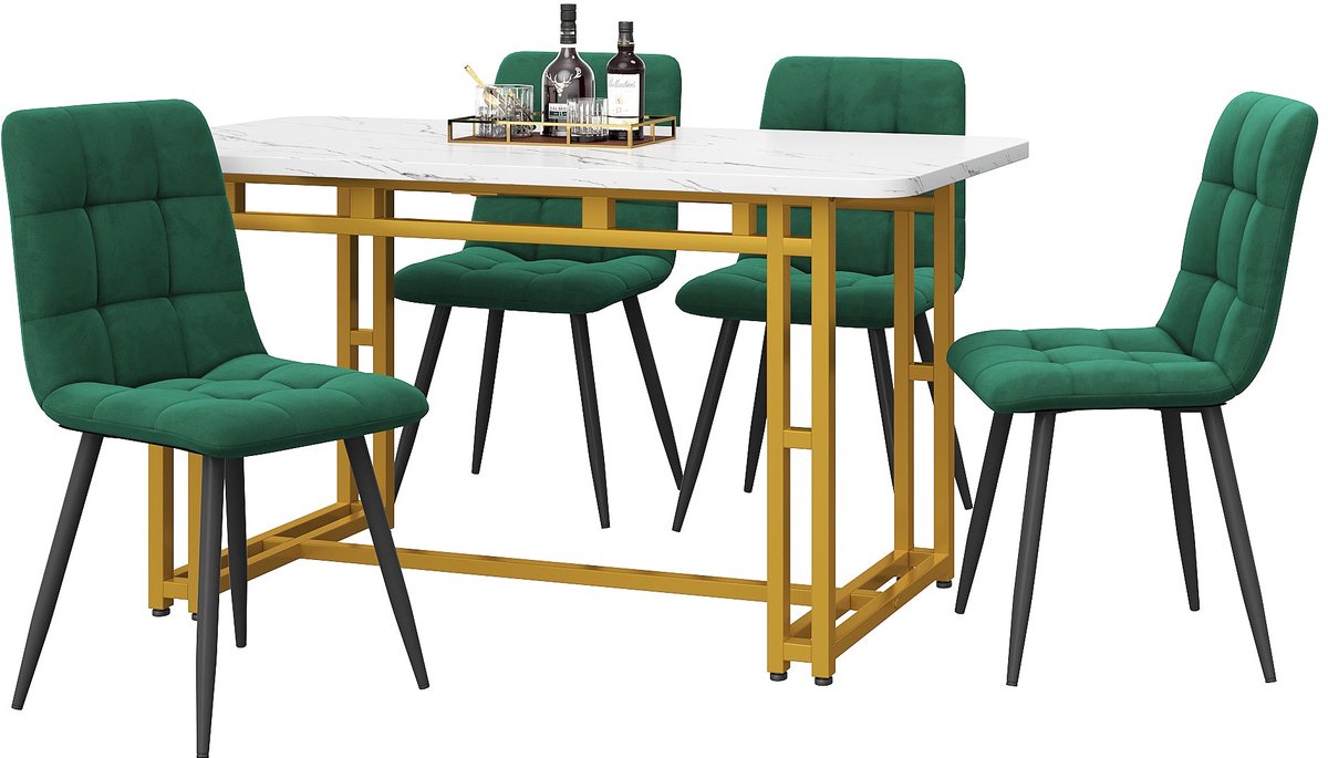 Merax 120 x 70 cm Gouden Eettafel Set met 4 Stoelen - Moderne Keukentafel met Donkergroene Samt Stoelen en Gouden Metalen Poten
