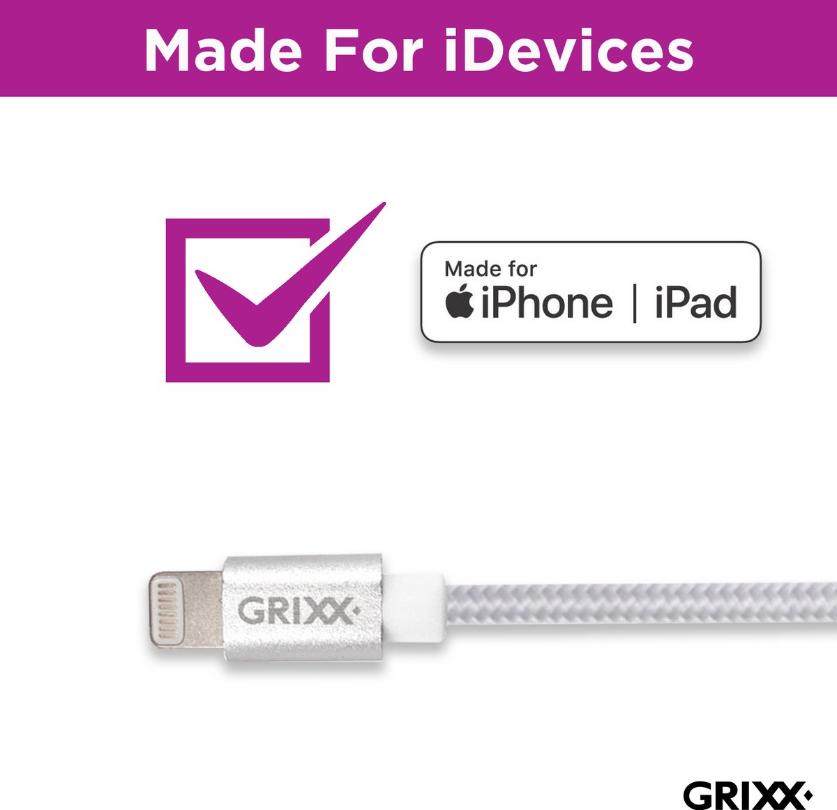 Grixx Lightning naar USB-A Kabel - 1 meter - MFI-gecertificeerd - gevlochten - wit - Apple